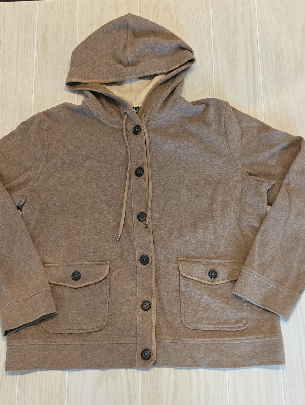 Lauren Ralph Lauren Hooded Top Button Front Taupe XL E04